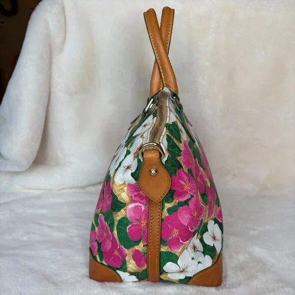 Dooney & Bourke Pink & White Pansy Flower Design With Basketweave Satchel - Picture 3 of 16